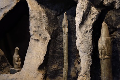 Zimbabwe, Masvingo province, the archaeological site of Great Zimbabwe museum, UNESCO World Heritage List, tall poles each surmounted by a soapstone bird performing a ritual function and found in the Hill Complex eastern enclosure