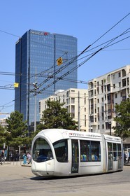 France, Rhone, Lyon, tram in front of the Swiss Life Tower