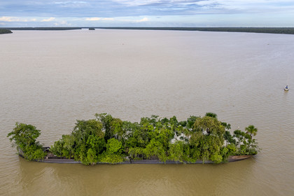 France, Guyane, Saint-Laurent-du-Maroni, l'épave du navire marchand britannique Edith Cavell échoué en 1924 et devenue une île sur le fleuve Maroni (vue aérienne)