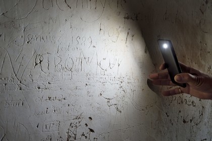 France, Allier (03), former province of Bourbonnais, Besson, Fourchaud castle (14th century to 16th century) now belonging to the descendants of the Bourbon-Parma, graffiti on the second floor including that of Sieur Porcheron who represented the city of Angoulême and dated 1753