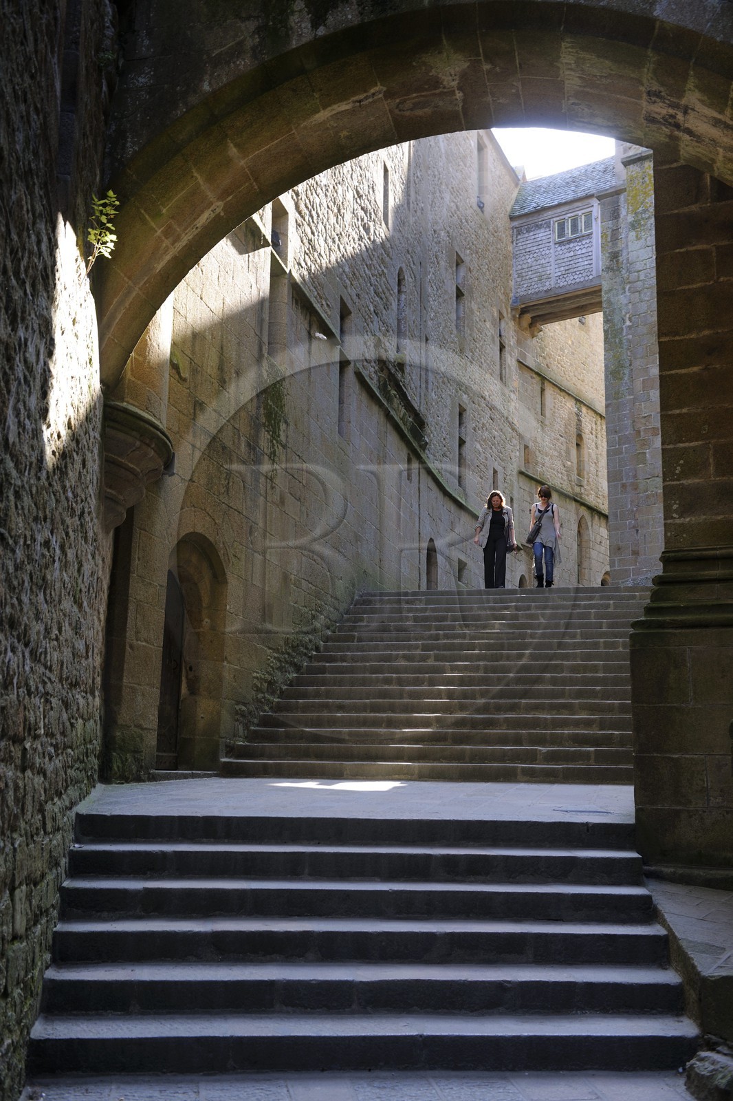 France, Manche (50), l'abbaye du Mont-Saint-Michel, classé Patrimoine Mondial de l'UNESCO, l'escalier abbatial et les logis abbatiaux à gauche
