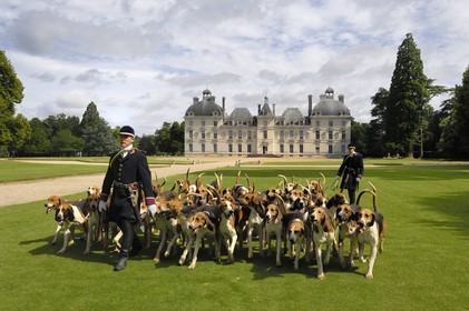 France, Loir-et-Cher (41), château de Cheverny, les piqueux Vol au Vent et La Rosée qui gèrent la meute de 90 chiens de chasse à cour