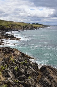 France, Finistere (29), Moelan sur Mer, the coast between Kerfany les Pins and the beach of Trenez along the GR 34 hiking trail or sentier des douaniers (customs trail), angler