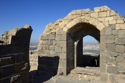 Israel, Northern District, Galilee, Belvoir Fortress is a Crusader fortress hold by the Knights Hospitaller between 1168 and 1189 overlooking the Jordan River valley, the mountains of Jordan in the background