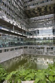 France, Herault, Montpellier, Port Marianne district, the City Hall designed by architects Jean Nouvel and François Fontes, patio between water and sky