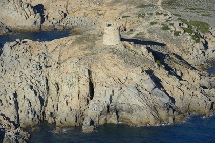 France, Corse du Sud, Cargese, the Genoese tower of the point of Omigna (aerial view)