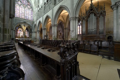 France, Ille-et-Vilaine,  Bay of Mont Saint Michel, Dol de Bretagne, Saint Samson cathedral of gothic style, both sides of the choir are located 77 stalls dated from the fourteenth century