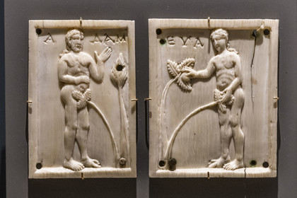 France, Paris, Musée de Cluny - Musée national du Moyen-Age (Middle Ages Museum in the former Hotel de Cluny), decorative plaques on elephant ivory depicting Adam and Eve (Constantinople 11th century)