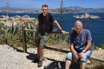 France, Bouches du Rhone, Marseille, Calanques National Park, archipelago of Frioul islands, Ratonneau island, Daniel Campana (right) and Bernard Descales (left), respectively founder and president of the Association of Fortifications of Marseille and Bouches du Rhone