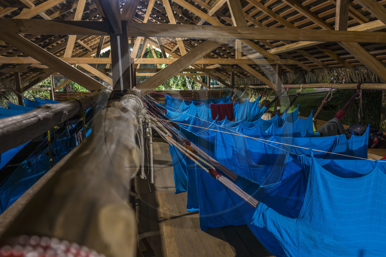 France, Guyane, Kourou, le carbet du Camp Maripas en bordure du fleuve Kourou, les hamacs suspendus sous la charpente