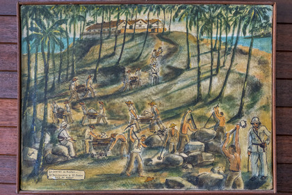 France, Guyane, Cayenne, musée départemental Alexandre-Franconie, peintures réalisées par un bagnard, Francis Lagrange dit Flag, condamné pour escroquerie et faux monnayage mais qui était aussi faussaire et artiste, elles retracent la vie (et le mort) au bagne