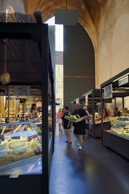 France, Dordogne, Perigord Noir, Dordogne valley, Sarlat la Caneda, place de la Liberté, doors of St. Mary's Church converted into a covered market and cultural center by the architect Jean Nouvel, architect Jean Nouvel, compulsory mention