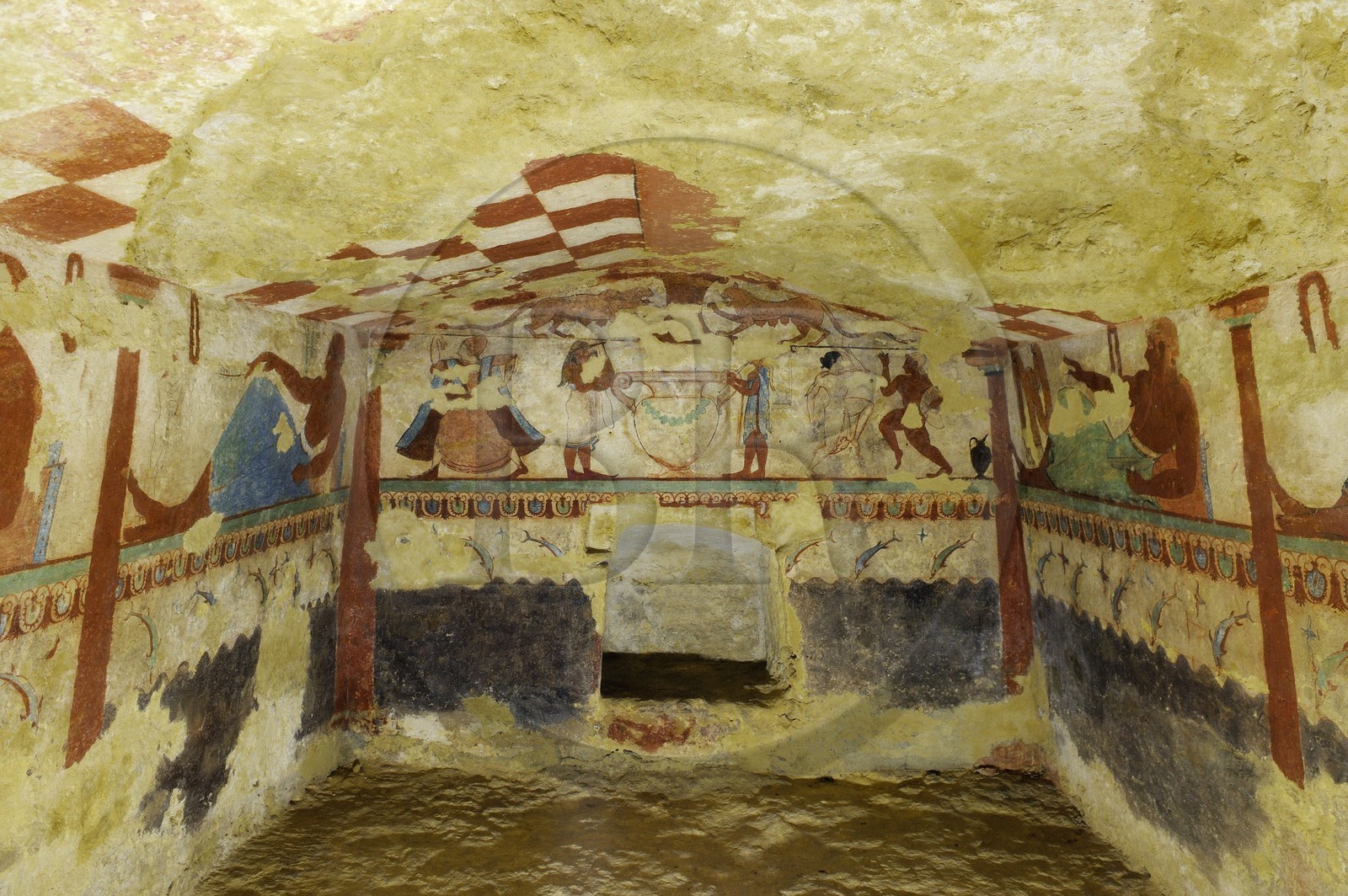 Italie, Latium, province de Viterbe, Tarquinia, nécropole antique étrusque de Monterozzi (Necropoli dei Monterozzi) classée Patrimoine Mondial de l'UNESCO, la Tombe des Lionnes (tomba delle Leonesse)