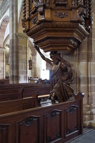 France, Bas Rhin, the Alsace Wine Route, Andlau, Benedictine abbey of Andlau founded in 880, abbey church Saint-Pierre-et-Saint-Paul (11th-18th centuries), pulpit carried by Sanson