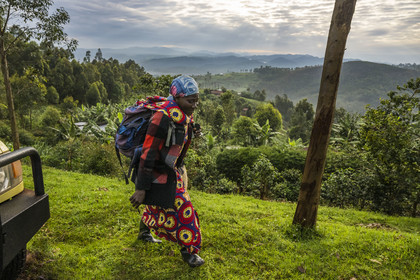 Rwanda, Province de l’Ouest, Gisuma, agriculture dans les collines, en arrière plan les montagnes de la République démocratique du Congo, femme partant travailler dans une plantation de thé