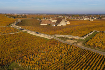 France, Cote d'Or, cultural Landscape of the climates of Burgundy listed as World Heritage by UNESCO, Vougeot, Route des Grands Crus (road of Vintage Wines), the vineyard and the Chateau du Clos de Vougeot (aerial view)