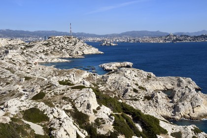 France, Bouches du Rhone, Marseille, Calanques National Park, archipelago of Frioul islands, Pomegues island and the Marseille skyline in the background