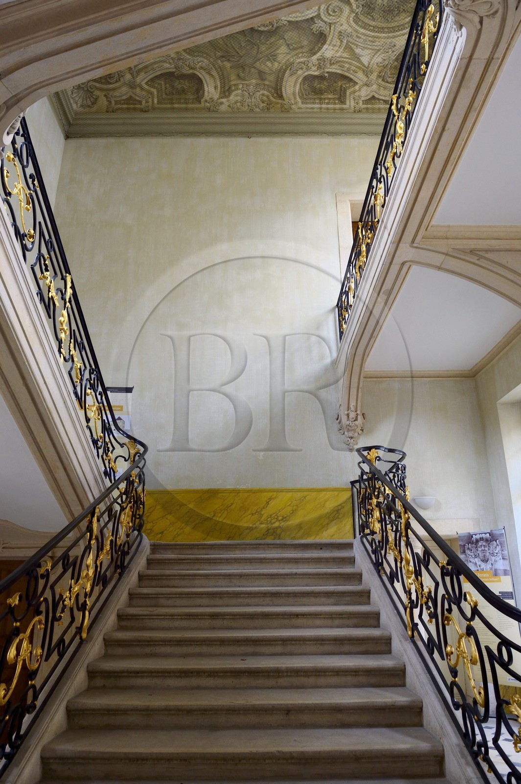 France, Meurthe-et-Moselle (54), Nancy, Hotel Ferraris au 29 rue du Haut-Bourgeois, cage d’escalier avec rampe noir et or signée de Jean Lamour