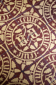 France, Cote d'Or, Beaune, area listed as World Heritage by UNESCO, Hospices de Beaune, Hotel Dieu, apothecary, detail of the paving of the floor with the initials N and G, first names of Nicolas Rolin and Guigone de Salins, founders of the Hotel Dieu