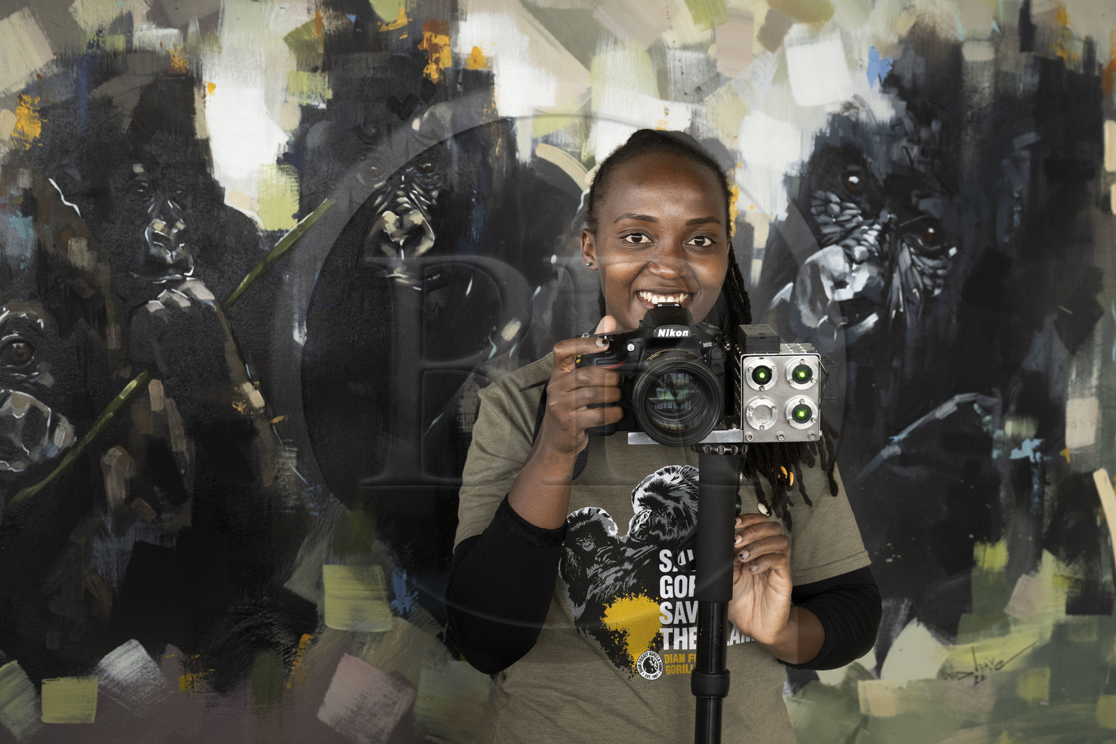 Rwanda, Province du Nord, District de Musanze (Ruhengeri), Kinigi, Campus Ellen DeGeneres du Dian Fossey Gorilla Fund, la zoologiste rwandaise Nadia Niyonizeye armée de son appareil photo équipé d'un laser pour étudier l’évolution de la croissance des gorilles sur le terrain