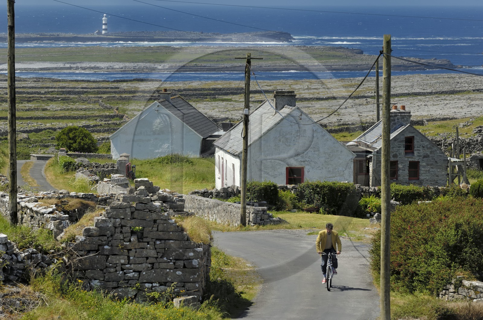 Irlande, Comté de Galway, Aran Islands, Inishmore, cycliste à la pointe ouest de l'Ile face aux Brannock island
