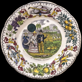 France, Charente-Maritime (17), La Rochelle, Musée du Nouveau-Monde dans l'Hotel Fleuriau, assiette représentant un planteur et sa femme à la Havane