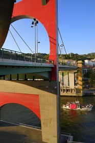 Spain, Basque Country Region, Vizcaya Province, Bilbao, the Salve bridge with Les Arches Rouges artpiece by French artist Daniel Buren next to the Guggenheim Museum