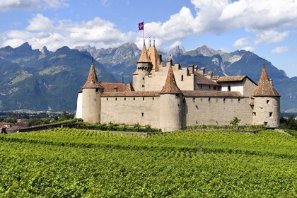 Switzerland, Canton of Vaud, Aigle, the castle surrounded by vineyards, it houses the Museum of Vine and Wine