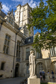 France, Côte-d'Or (21), Dijon, zone classée Patrimoine Mondial de l'UNESCO, palais des Ducs de Bourgogne sur la place de la Libération surmonté par la tour Philippe Le Bon et statue de Philippe Le Bon