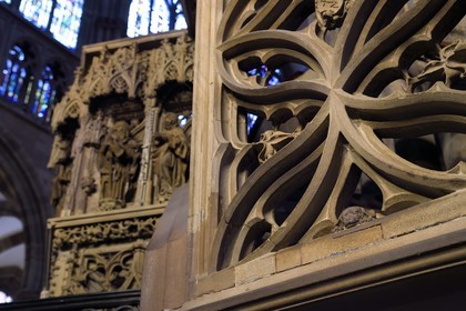 France, Bas-Rhin (67), Strasbourg, vieille ville classée au Patrimoine Mondial de l'UNESCO, la cathédrale Notre-Dame, la chaire du grand prédicateur Geiler de Kaysersberg réalisée par le sculpteur Hans Hammer en 1485, sculpture du « petit chien de Geiler » peut être une allusion au prédicateur dominicain (domini canis soit le chien du Seigneur) et à la fidélité