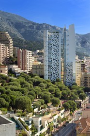 Principality of Monaco, Monaco, La Condamine district, Princesse Antoinette park and the Simona building designed by architect Jean-Pierre Lott