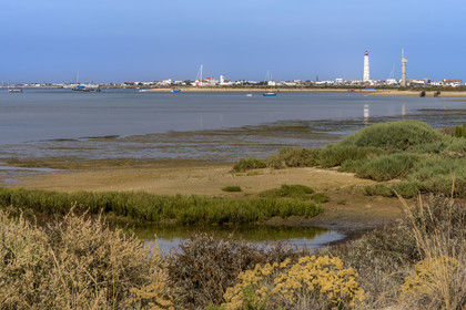 Portugal, Algarve, Ria Formosa Natural Park, Faro, Island of Barreta or Deserta (Ilha da Barretta or Deserta), the lighthouse of Ilha do Farol part of  Ilha da Culatra in the background