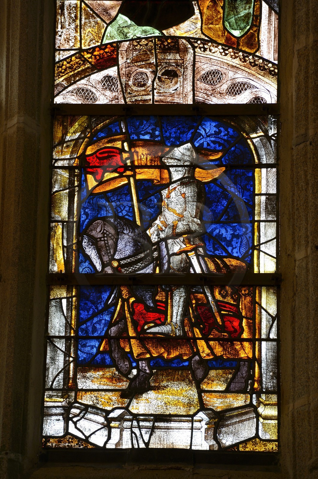 France, Finistere, Locronan, labelled Les plus Beaux Villages de France (The Most Beautiful Villages of France), Saint Ronan church, stained glass depicting a knight Nevet the Nevet were the lords of the land