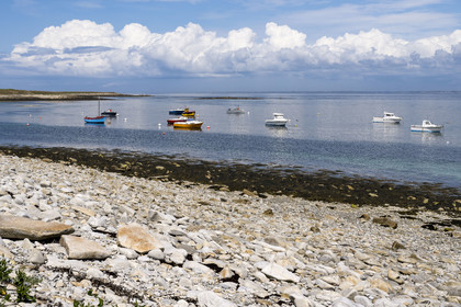 France, Finistère, Iroise Sea, Molene Island, the port beach and the Ledenez Vraz islet in the background