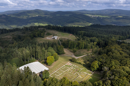 France, Saone et Loire, regional natural park of Morvan, Saint Leger sous Beuvray, oppidum of Bibracte, capital of the Celtic people of the Aedui, archaeological site on Mount Beuvray, ruins and excavation site of the Grande Domus du Parc aux Chevaux dating from the 1st century BC (aerial view)
