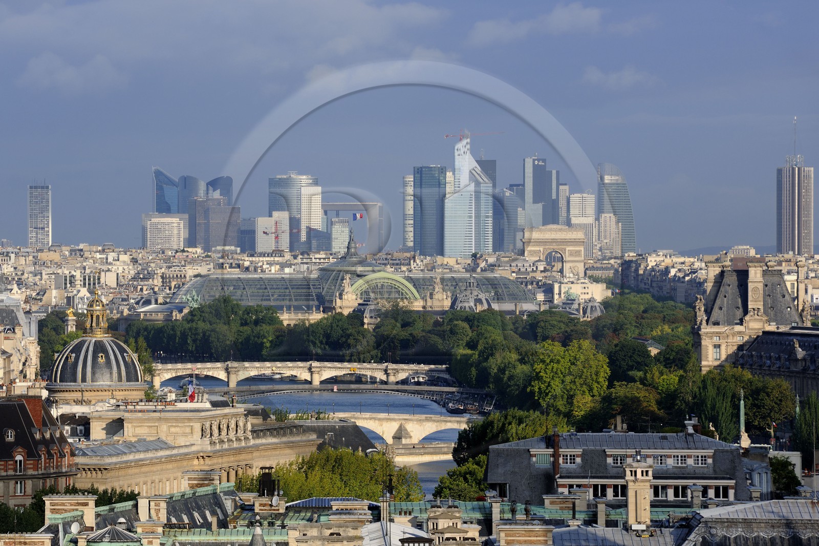 France, Paris, general view from Notre-Dame de Paris cathedral, with the Seine river, the Grand Palais and La Defense buildings at the background