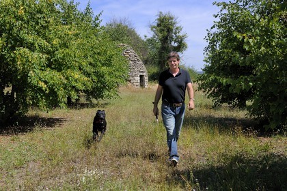 France, Gard, region of the Pays d'Uzege, Uzes, Michel Tournayre creator of the “Truffières du Soleil” on his truffle plantation with one of his truffle dog