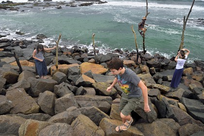 Sri Lanka, Province du Sud, région de Galle, Weligama, plage de Midigama, pecheurs sur poteaux
