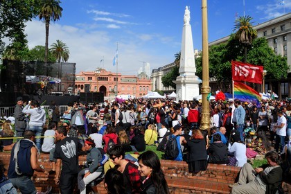 Argentina, Buenos Aires, Gay Pride on the Plaza de Mayo, the Casa Rosada is the executive mansion and office of the President of Argentina in the background