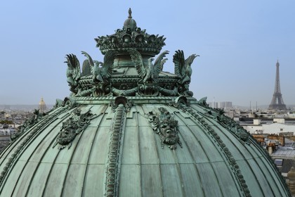 France, Paris, Garnier Opera, rotunda cupola of the season ticket holders and the Eiffel Tower