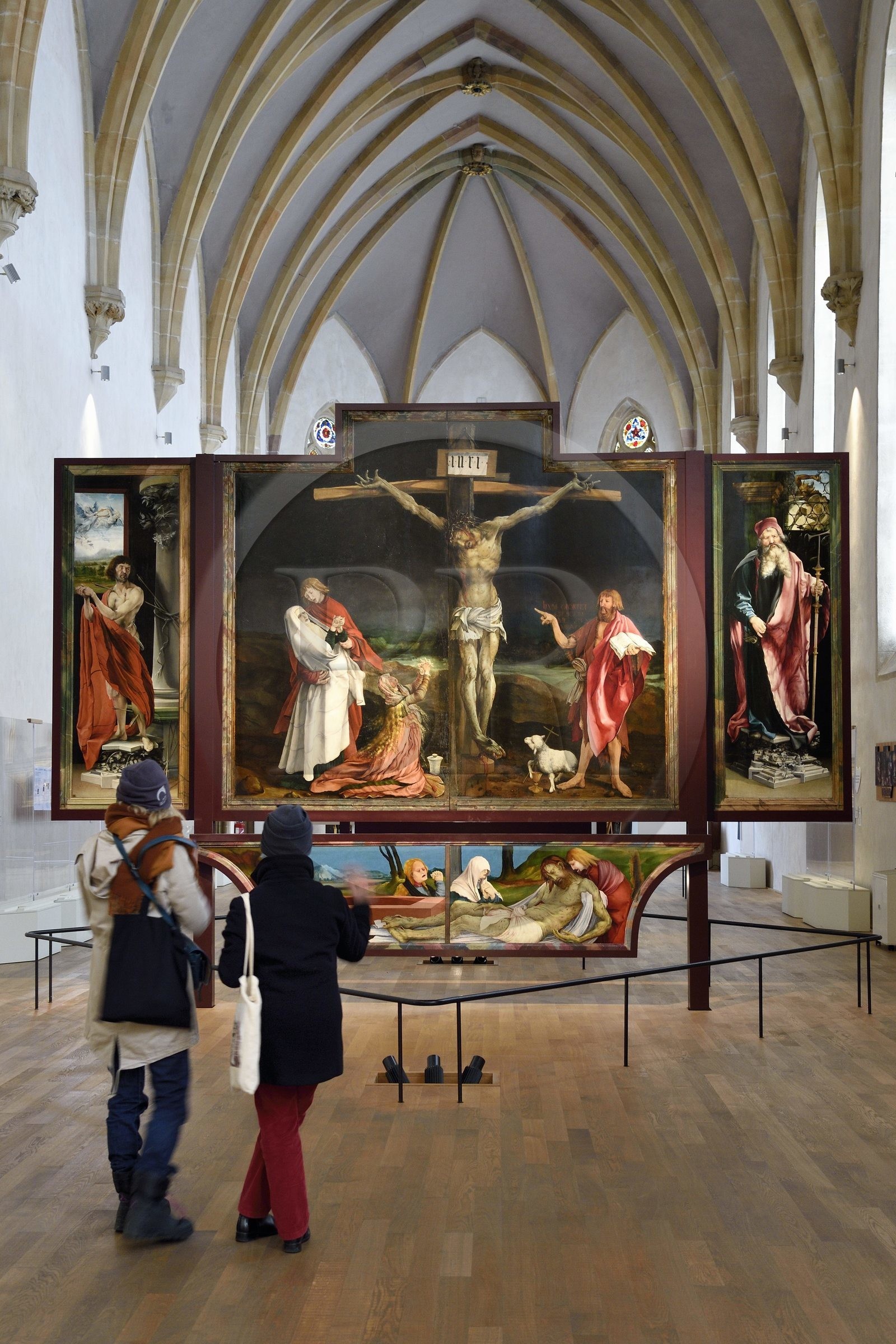 France, Haut-Rhin (68), Colmar, le musée Unterlinden, le retable d'Issenheim attribué à Grünewald, scène de la Crucifixion et Mise au tombeau