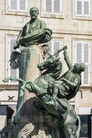 France, Charente Maritime, La Rochelle, Place des Petits Bancs, bronze bust of the orientalist painter and writer Eugène Fromentin (1820-1876) and equestrian statue of an Arab fantasia, group made in 1905 by the sculptor Ernest Dubois