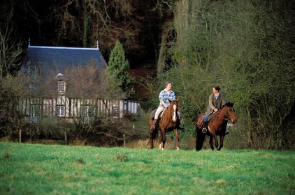 France, Eure, Brionne district, horse riding in the river Risle valley