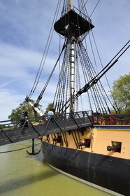 France, Charente-Maritime, Rochefort, International Center of the Sea in the former Rochefort Maritime Dock, the frigate Hermione replica of the three-master ship where the Marquis de Lafayette sailed for America in 1780, the bridge