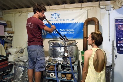 France, Var, Iles d'Hyeres, Parc National de Port Cros (National park of Port Cros), Porquerolles island, Guillaume Bidaut and Kassandra de Veylderfrom Hypaea-La Brasserie Porquerollaise (the Porquerolles Brewery) in his manufacturing workshop