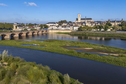 France, Nièvre, Nevers, the islands on the Loire upstream from the Pont de la Loire, the Quai de Mantoue and the Saint-Cyr-et-Sainte-Julitte cathedral in the background (aerial view)