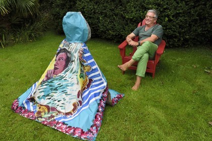 France, Finistere, Lannilis, Prat Ar Coum, the artist Loic Madec in his garden