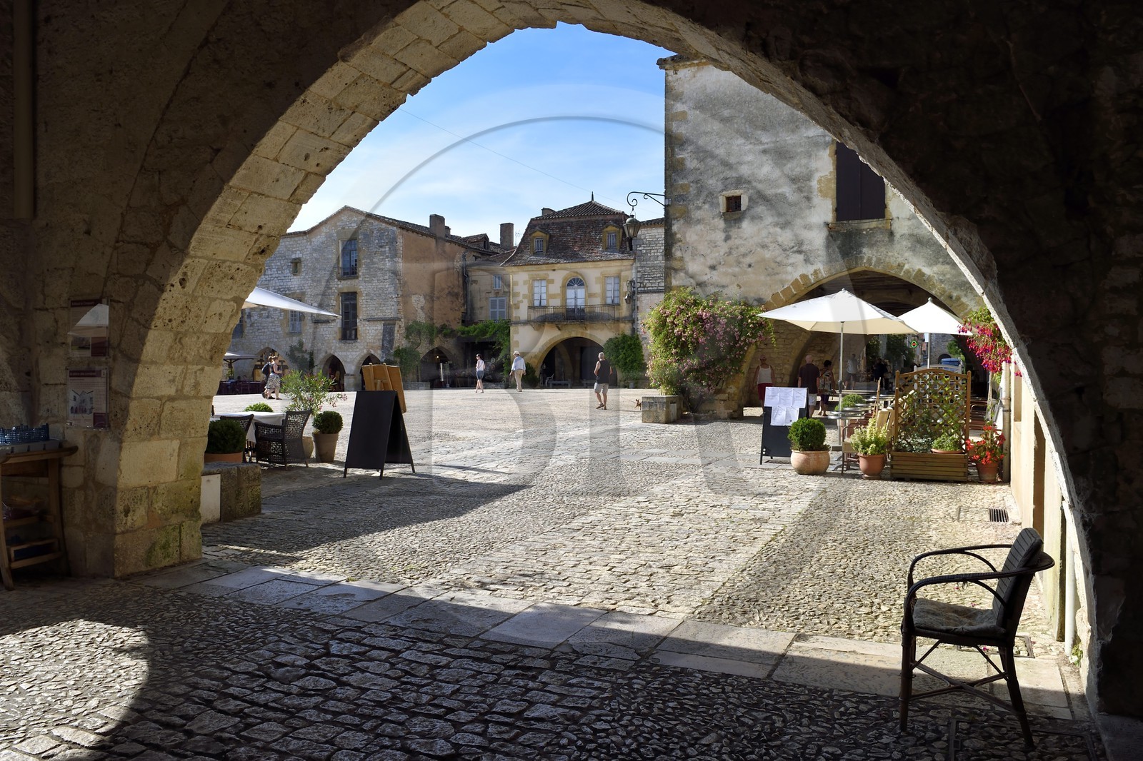 France, Dordogne, Perigord Pourpre, Monpazier, labelled Les Plus Beaux Villages de France (The Most Beautiful Villages in France), under the arcades of the place des Cornieres in the heart of the village