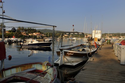 France, Var (83), Iles d'Hyères, parc national de Port-Cros, île de Porquerolles, le village, le quai des pêcheurs sur le port