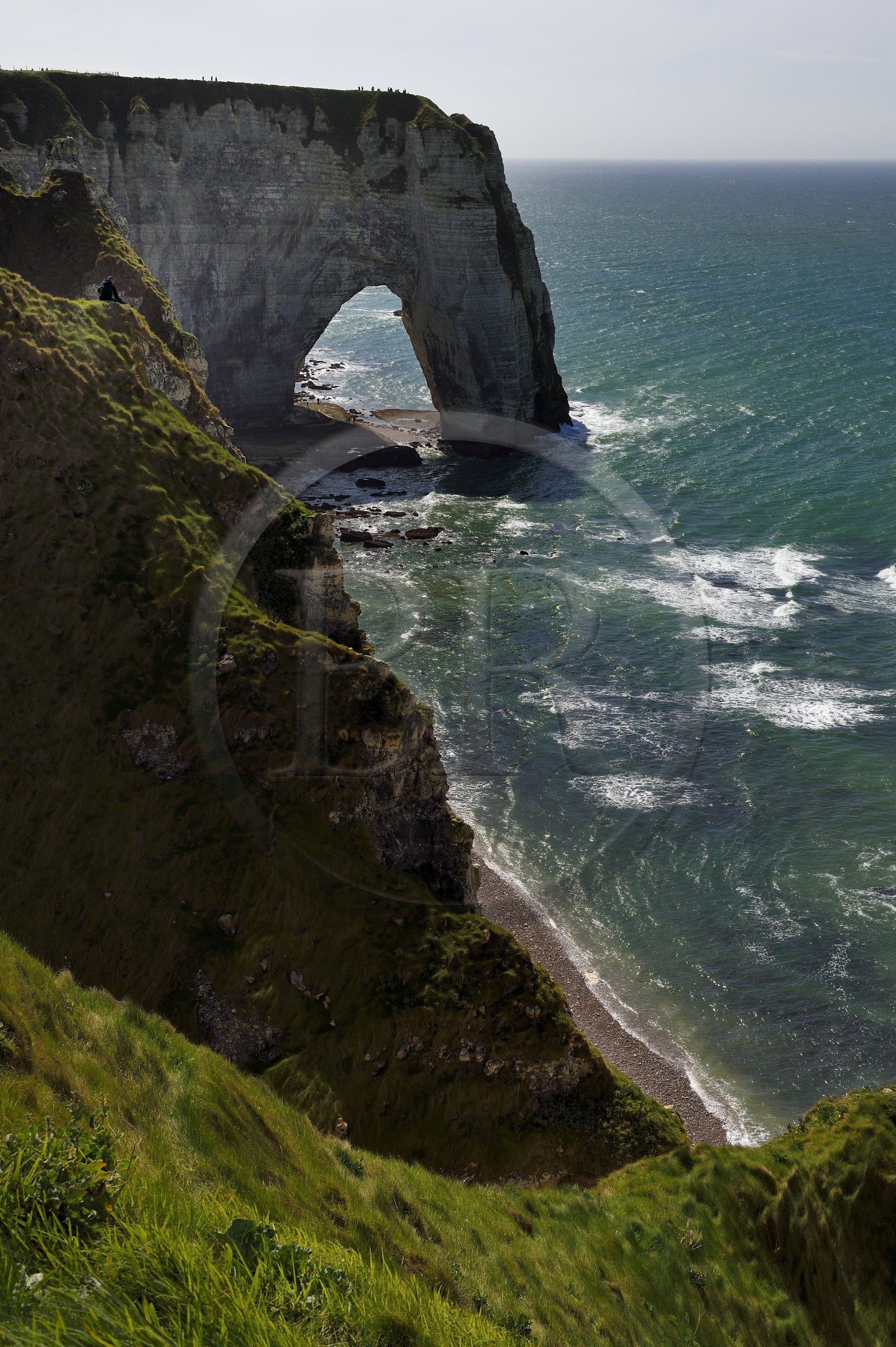 France, Seine-Maritime, Pays de Caux, Alabaster Coast (Cote d'Albatre), Etretat, Manneporte seen from the Aval cliff (falaise d'Aval)